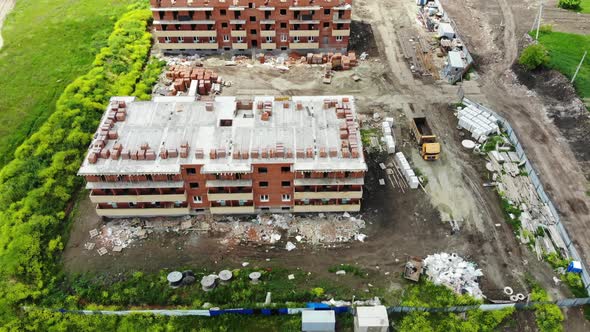 Aerial view of the construction site. Aerial view of the buildings.