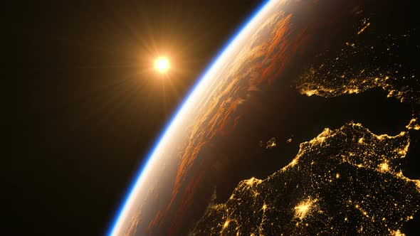 Sunrise In Space And Amazing Night View On European Zone Of Earth