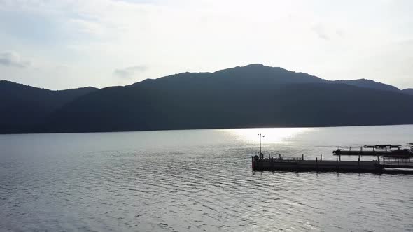 Aerial view of overview lake ashi in hakone sun rising