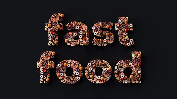 Inscription fast food made from snacks and drinks. Jumping food creates a sign.