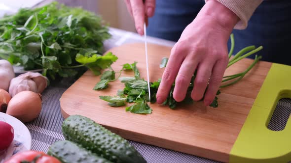 Closeup of Woman Slicing Parsley on Wooden Cutting Board  Preparing Ingredient for Meal