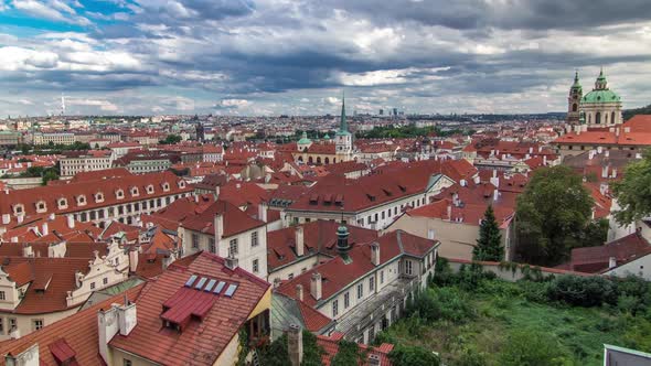 Panorama of Prague Old Town with Red Roofs Timelapse Famous Charles Bridge and Vltava River Czech