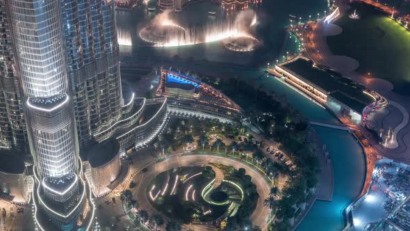 Unique View of Dubai Dancing Fountain Show at Night Timelapse