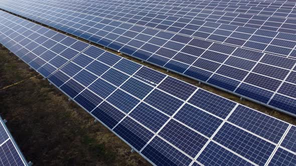 Aerial Drone View Solar Panels on Sunny Day Closeup