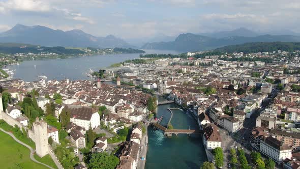 Flight over Reuss river in Lucerne downtown, Switzerland