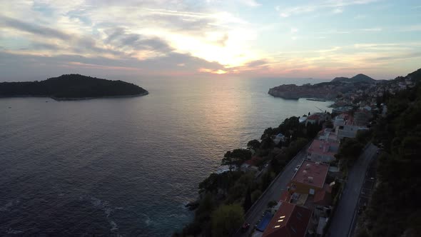 Aerial of Dubrovniks coast in the evening