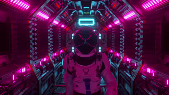 Astronaut Walking in Spaceship Tunnel Scifi Shuttle Corridor