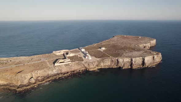 Sagres fortress on promontory, Vila do Bispo in Portugal. Aerial drone orbiting