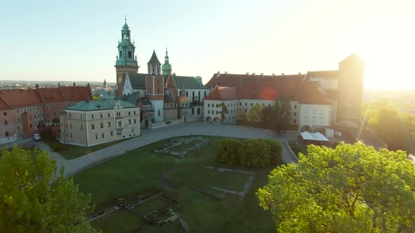 Aerial View of Wawel Royal Castle and Cathedral Early Morning at Dawn