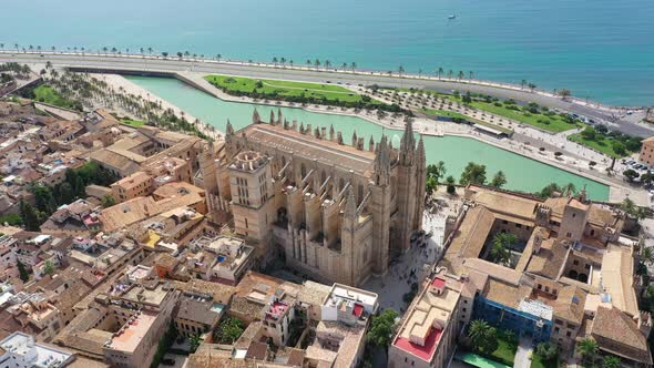 Aerial Drone Video Footage Famous Cathedral La Seu in Palma De Mallorca Spain