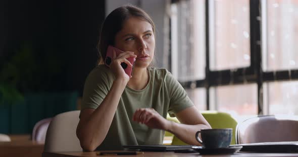 Portrait of Young Attractive Concerned Woman with Brunette Hair Talking on Mobile Phone While