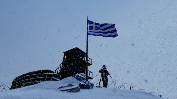 Greek Soldier Watching the Border in Snowy Weather