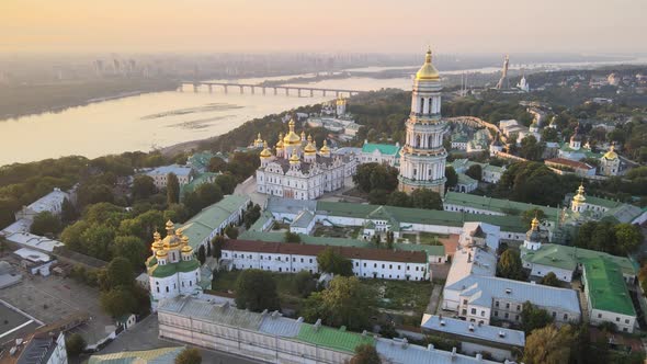 Kyiv-Pechersk Lavra in the Morning at Sunrise. Ukraine. Aerial View