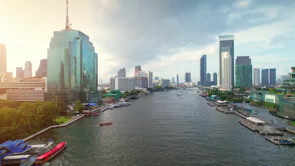 4K : Aerial view over Bangkok city and Chao phraya river
