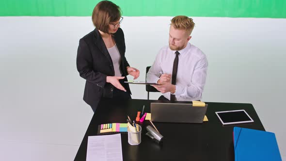 Green Background Studio Beautiful Assistant and