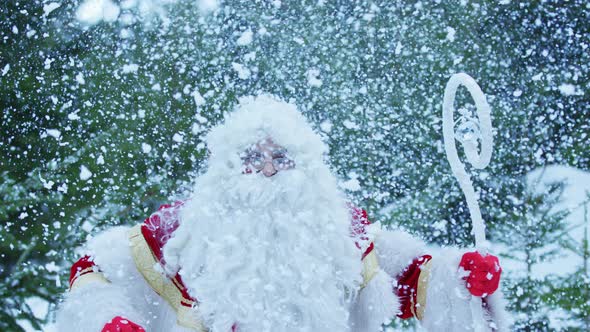 Happy Santa Claus during snowfall