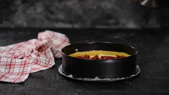 Girl Is Making a Pie with Cherry Filling. Sweet Food.