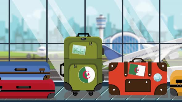 Suitcases with Algerian Flag Stickers on Baggage Carousel