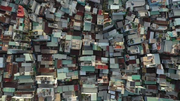 top down drone view over rooftops of an old and high density residential area of Binh Thanh District