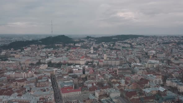 Aerial City Lviv, Ukraine. European City. Popular Areas of the Town