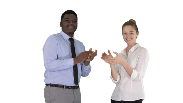 One Businessman and One Businesswoman Applauding on White