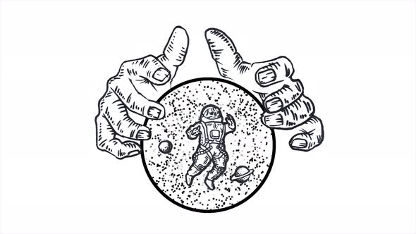 Giant hands holding a sphere with stars, planets and astronaut on white background