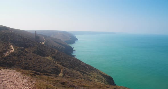 North Cornwall Coast With Chapel Porth Seascape Overlooking The Atlantic Ocean Near Wheal Coates Tin