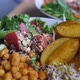 Close Up of Plate with Healthy Organic Vegan Homemade Food. Chickpea Salad Served with Potato Wings  - VideoHive Item for Sale