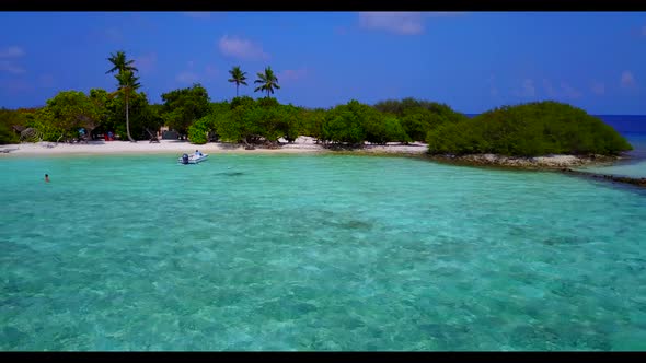 Aerial drone view seascape of exotic lagoon beach lifestyle by transparent sea and white sandy backg