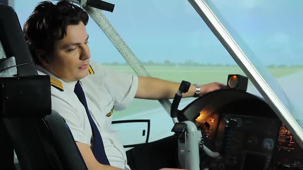 Overworked Airplane Pilot Sitting in Cockpit and Dreaming of Vacation, Hard Work