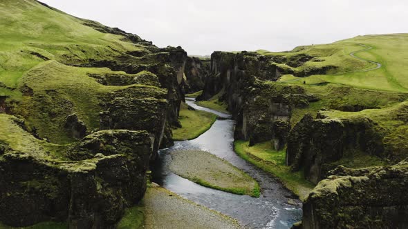 Drone Through Fjaorargljufur Canyon And Fjaora River