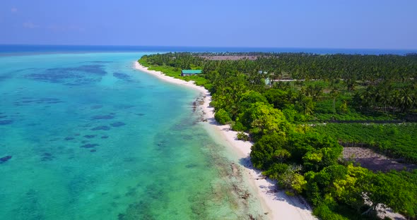 Big tropical island with lush vegetation and plantations of agricultural farm, washed by shallow lag