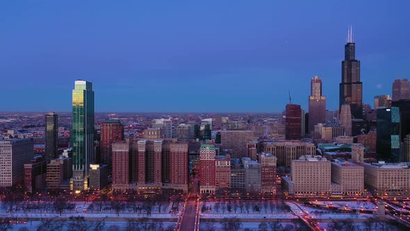 Urban Cityscape of Chicago in Morning Blue Hour in Winter