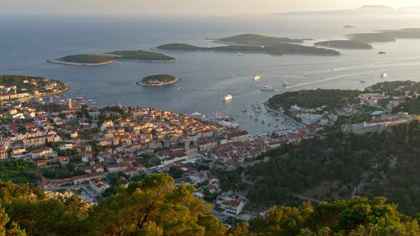 Croatia. Panoramic Shot of the Island City During Sunset. Yachts Sailing the Adriatic Sea