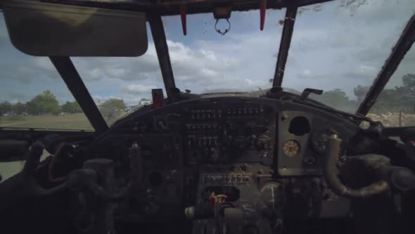 Inside View Military Abandoned Plane Cabin Dusty Dashboard Cockpit Interior