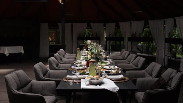 food and drinks on the festive table in the restaurant