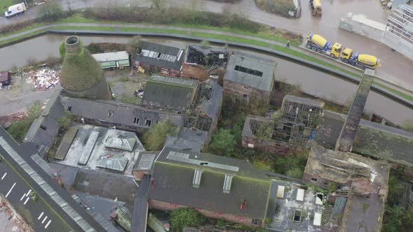 Aerial view of Kensington Pottery Works an old abandoned, derelict pottery factory and bottle kiln l