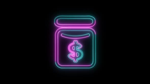 Glowing neon line banknote dollar icon isolated on black background. Banking currency sign.