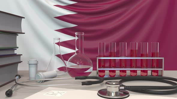 Clinic Laboratory Equipment on Qatari Flag Background