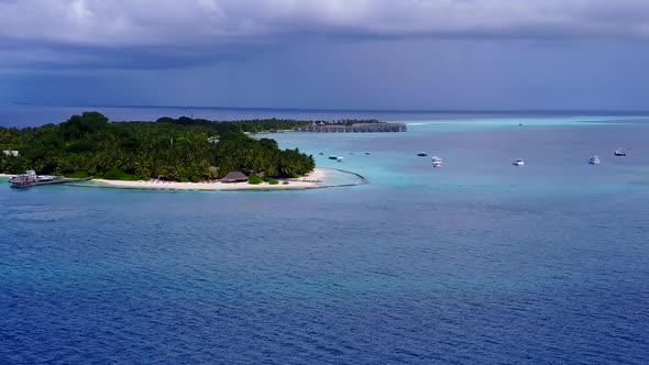 Drone aerial panorama of seashore beach trip by clear water and sand background