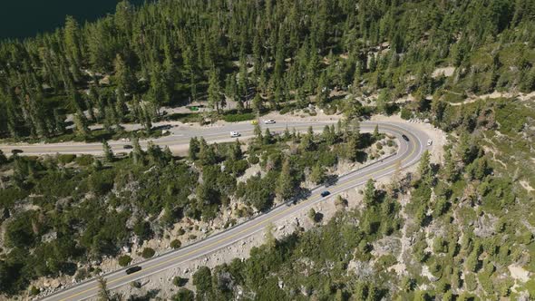 Cars Driving on Mountain Highway Road Through Jeffrey Pine Tree Forest