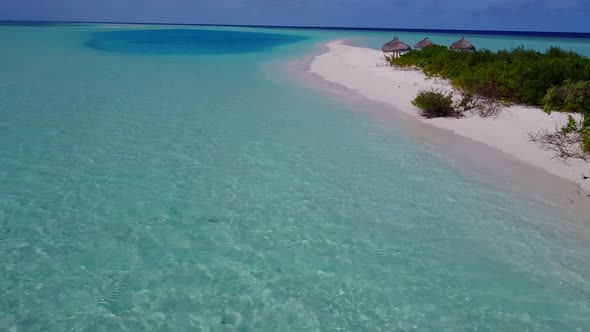 Aerial drone abstract of shore beach voyage by blue sea with sand background