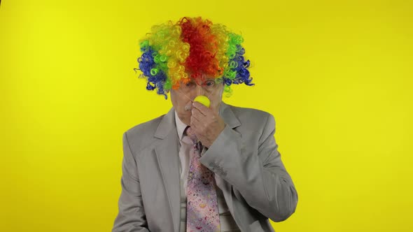 Senior Elderly Clown Businessman Entrepreneur Boss in Wig Adjusts Yellow Nose