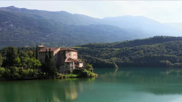 Flying toward a Castle at Toblino lake