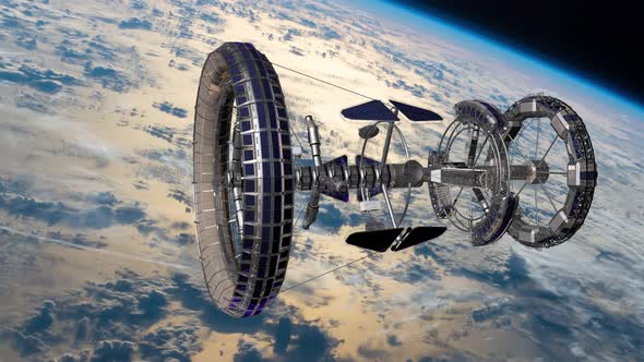 Sci Fi International Space Station Revolving Over Earths Atmosphere