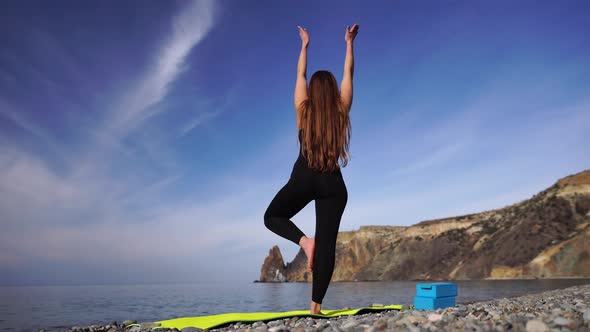 Young Woman with Long Hair Fitness Instructor in Black Sportswear Leggings and Tops Stretching