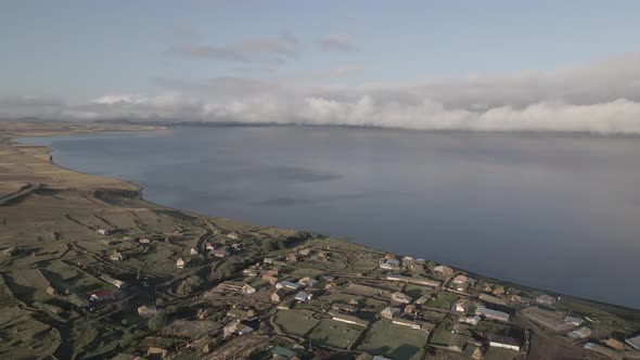 Aerial view of Lake Paravani and the village Poka. Georgia