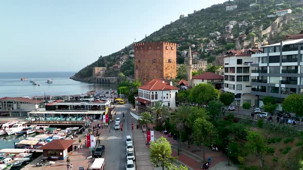 Red Tower in Alanya aerial view 4 K