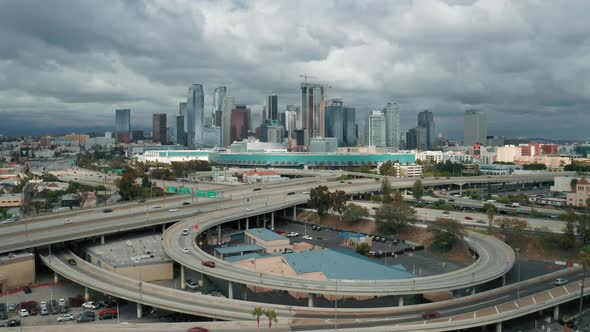 Aerial Drone Shot Flying at Downtown Los Angeles on a Sunny Summer Day, 