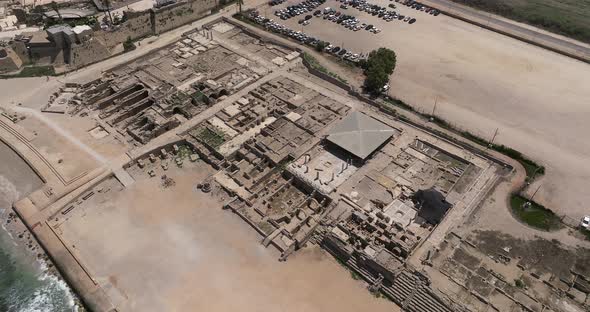 Aerial footage of the ancient remains of the coastal city of Caesarea, built under Herod the Great d